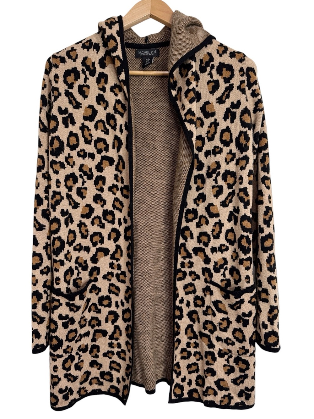 Rachel Zoe Hooded Open Front Animal Print Long Cardigan Patch Front Pockets sz M